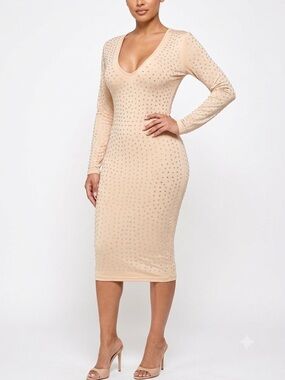 M Heart M Nude Rhinestone Bodycon Midi Dress Medium Long Sleeve Party NWT